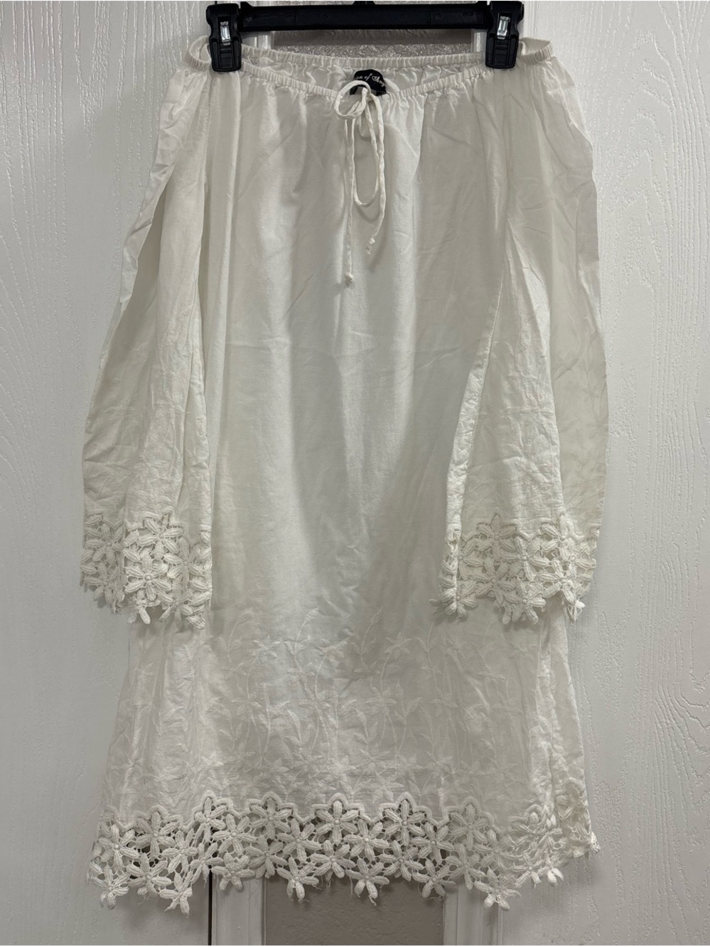 White Crochet-Trim Long Sleeve Dress